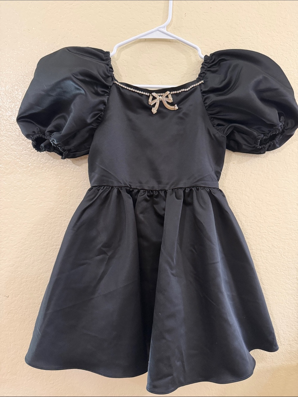 Rare Editions Black Satin Puff Sleeve Formal Dress with Rhinestone Bow